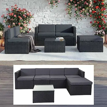 Mendler Poly-Rattan-Garnitur HWC-D24 - anthrazit, Polster dunkelgrau