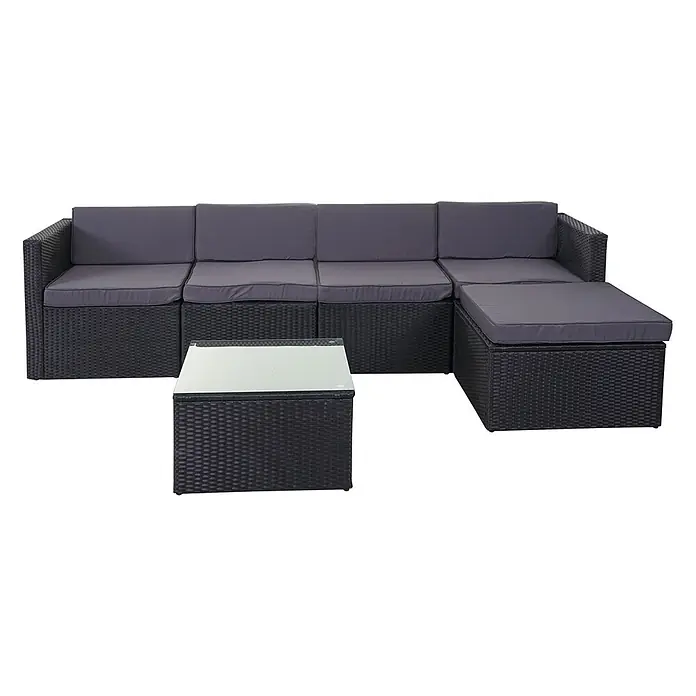 Mendler Poly-Rattan-Garnitur HWC-D24 - anthrazit, Polster dunkelgrau -  - Schwarzes Rattan-Outdoor-Lounge-Set mit grauen Kissen, inklusive Ecksofa, Hocker und Couchtisch mit Glasplatte.