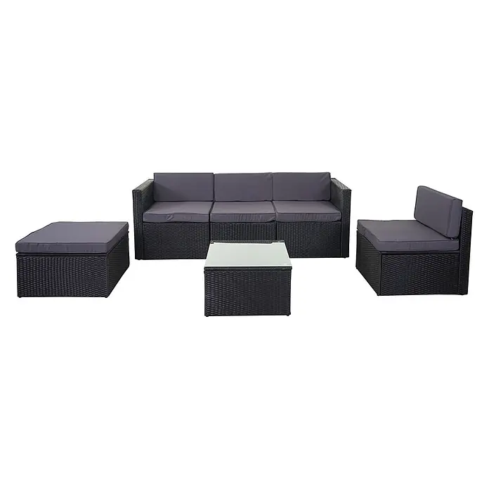 Mendler Poly-Rattan-Garnitur HWC-D24 - anthrazit, Polster dunkelgrau -  - Schwarze Rattan-Gartenmöbelgarnitur mit dunkelgrauen Polstern, bestehend aus Sofa, Sessel, Ottomane und Couchtisch mit Glasplatte.