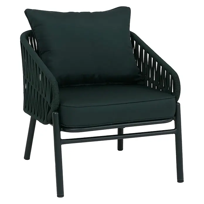 Mendler Gartensessel HWC-P90 - 1 Stk., Metall, Grün, B x T x H: 64 x 70 x 67 cm - Dunkelgrüner Outdoor-Sessel mit geflochtener Seil-Rückenlehne und Armlehnen, Metallgestell und Plüschkissen.