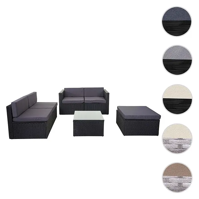 Mendler Poly-Rattan-Garnitur HWC-D24 - anthrazit, Polster dunkelgrau -  - Dunkelgraue Rattan-Gartenmöbel mit grauen Kissen, Glastisch und Ottoman. Stoffmuster zeigen verschiedene Materialien.