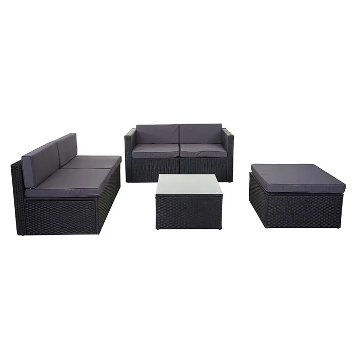 Mendler Poly-Rattan-Garnitur HWC-D24 - anthrazit, Polster dunkelgrau -  - 4-teiliges schwarzes Rattan-Loungeset mit dunkelgrauen Kissen und Glastisch.