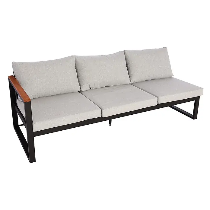 Mendler Loungemöbel-Set HWC-L26 - 4 -tlg., Holz, Hellgrau, Hellgrau - Hellgraues 3-Sitzer-Outdoorsofa mit schwarzem Metallrahmen und hölzerner linker Armlehne.