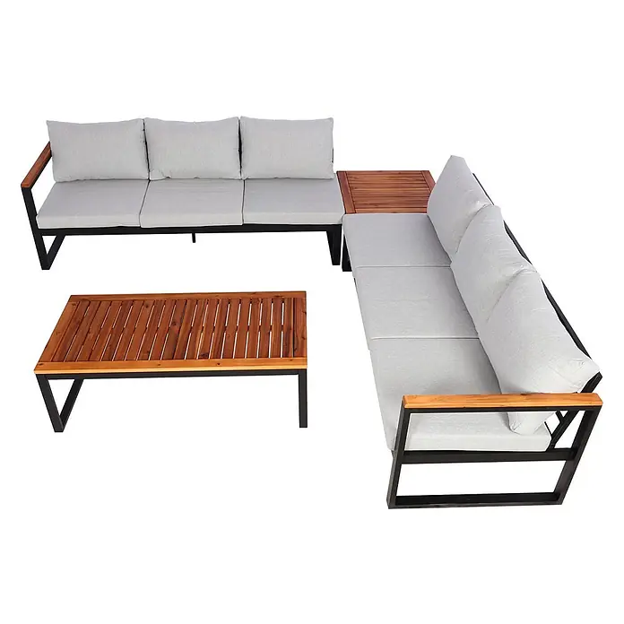 Mendler Loungemöbel-Set HWC-L26 - 4 -tlg., Holz, Hellgrau, Hellgrau - Modulares Outdoor-Sofa-Set mit hellgrauen Kissen, schwarzem Gestell, Holzakzenten und Couchtisch.