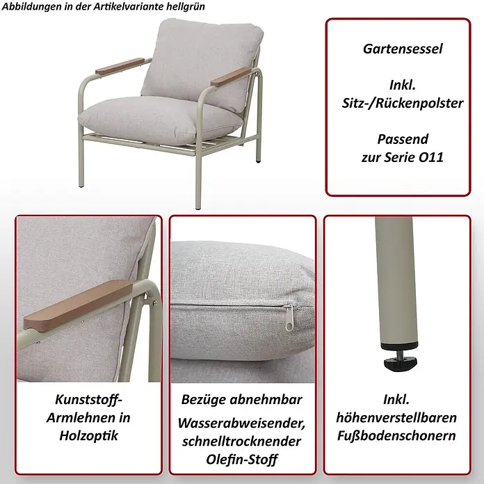 Mendler Gartensessel HWC-O11 - 1 Stk., Textil, Terrakotta, Polster beige, B x T x H: 68 x 88 x 81 cm - Hellgrüner Gartensessel mit hellgrauen Olefin-Polstern und Armlehnen in Holzoptik, abnehmbare Bezüge und verstellbare Füße.