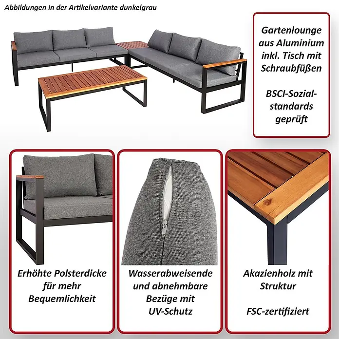 Mendler Loungemöbel-Set HWC-L26 - 4 -tlg., Holz, Hellgrau, Hellgrau - Dunkelgraue Aluminium Gartenlounge mit Akazienholz-Tisch und wasserabweisenden Polstern.