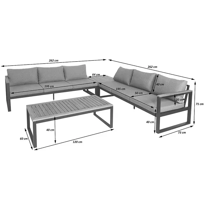Mendler Loungemöbel-Set HWC-L26 - 4 -tlg., Holz, Hellgrau, Hellgrau - Graues L-förmiges Outdoor-Sofa und Couchtisch mit Metallrahmen und Holzoptik-Akzenten.