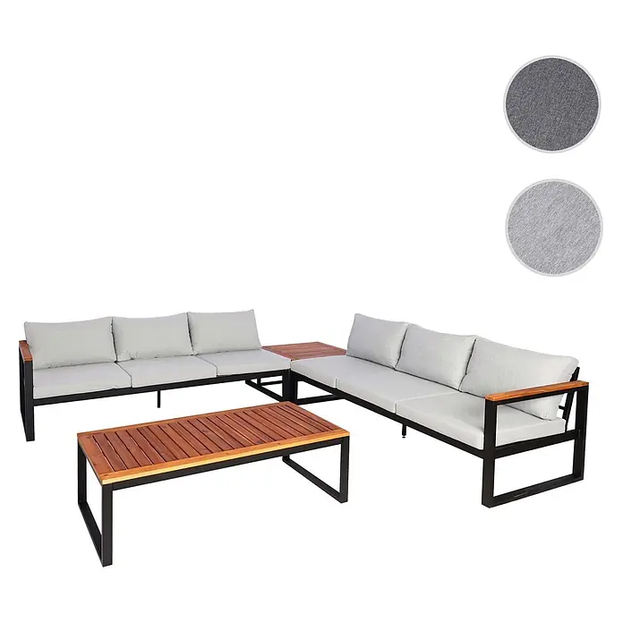 Mendler Loungemöbel-Set HWC-L26 - 4 -tlg., Holz, Hellgrau, Hellgrau - Modulare Outdoor-Sofagarnitur mit schwarzem Metallrahmen, Holzdetails, hellgrauen Kissen und Couchtisch. Inkl. dunklen/hellgrauen Stoffmustern.