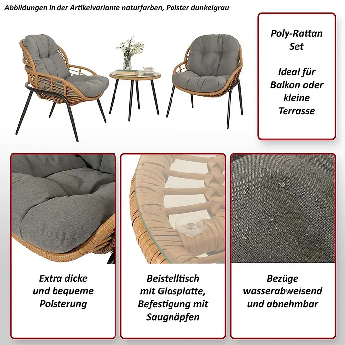 Mendler Loungemöbel-Set HWC-N33 - 3 -tlg., Polyrattan, Grau, Polster hellgrau, Grau - Poly-Rattan-Set mit zwei Stühlen und einem Tisch. Naturfarbene Rattanrahmen, schwarze Beine, dicke dunkelgraue, wasserabweisende Kissen. Tisch mit Glasplatte.