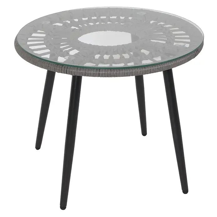Mendler Loungemöbel-Set HWC-N33 - 3 -tlg., Polyrattan, Grau, Polster hellgrau, Grau - Runder Beistelltisch mit klarer Glasplatte, grauem Geflechtunterbau und schwarzen konischen Beinen.