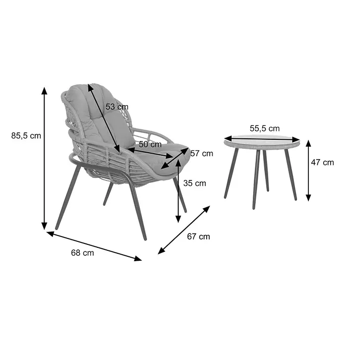 Mendler Loungemöbel-Set HWC-N33 - 3 -tlg., Polyrattan, Grau, Polster hellgrau, Grau - Stuhl und runder Tisch mit detaillierten Maßen. Der Stuhl ist 85,5 cm hoch, 68 cm breit und 67 cm tief. Der Tisch ist 47 cm hoch und 55,5 cm im Durchmesser.
