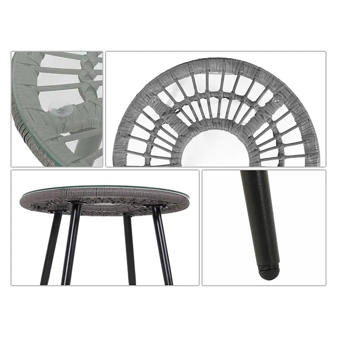 Mendler Loungemöbel-Set HWC-N33 - 3 -tlg., Polyrattan, Grau, Polster hellgrau, Grau - Runder Outdoor-Beistelltisch mit grauem Geflecht, Glasplatte und schwarzen Metallbeinen. Saugnäpfe für Glas, Schutzkappen an Füßen.