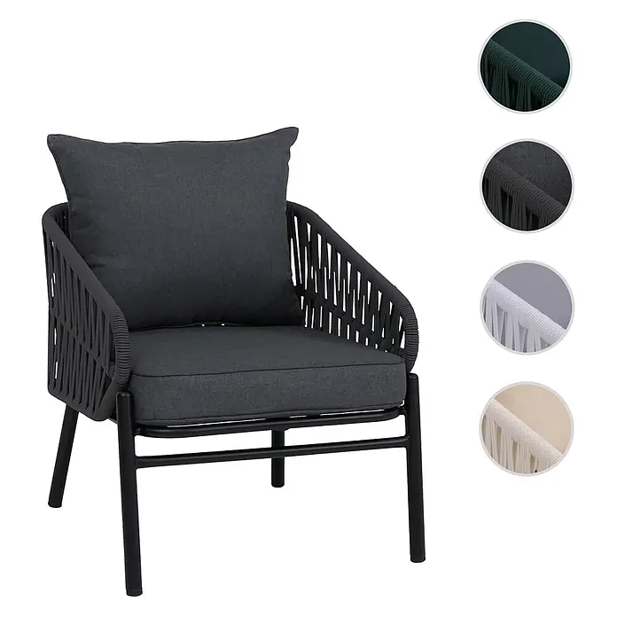 Mendler Gartensessel HWC-P90 - 1 Stk., Metall, Anthrazit, B x T x H: 64 x 70 x 67 cm - Dunkelgrauer Outdoor-Sessel mit geflochtenem Seil an Armlehnen und Rückenlehne, schwarzem Metallgestell und Kissen.