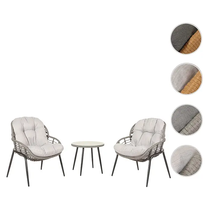 Mendler Loungemöbel-Set HWC-N33 - 3 -tlg., Polyrattan, Grau, Polster hellgrau, Grau - Graues geflochtenes Outdoor-Bistro-Set mit zwei Stühlen, hellgrauen Kissen und einem kleinen Tisch. Materialmuster zeigen Farbvarianten.