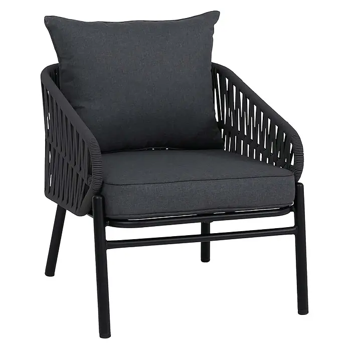 Mendler Gartensessel HWC-P90 - 1 Stk., Metall, Anthrazit, B x T x H: 64 x 70 x 67 cm - Dunkelgrauer Outdoor-Sessel mit geflochtenen Seildetails, schwarzem Metallrahmen und plüschigen dunkelgrauen Kissen.