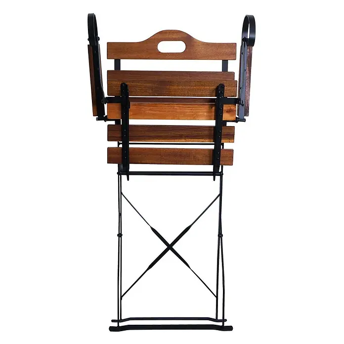 Mendler Gartenstuhl-Set HWC-J40 - 2 Stk., Holz, Braun, Polster rot, B x T x H: 58 x 45 x 105 cm - Geklappter brauner Holz-Gartenstuhl mit schwarzem Metallrahmen.