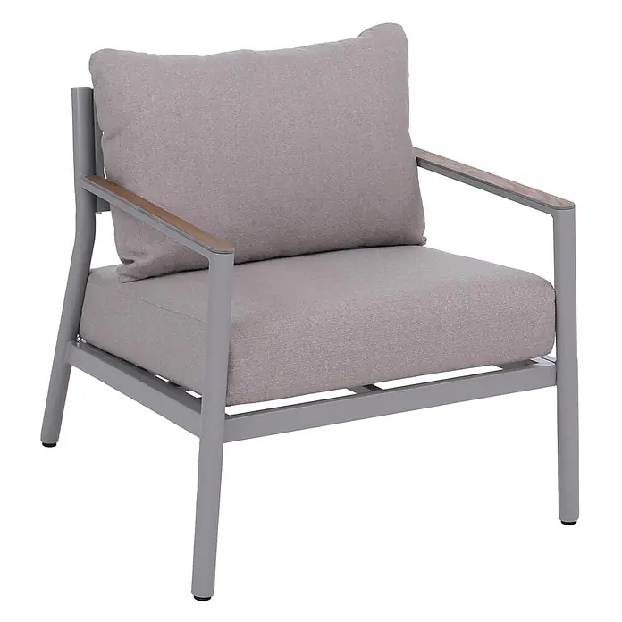 Mendler Loungemöbel-Set HWC-P79 - 4 -tlg., Metall, Creme-beige, Creme-beige - Grauer Lounge-Sessel aus Metall mit hellgrauen Polstern und Holzapplikationen an den Armlehnen.