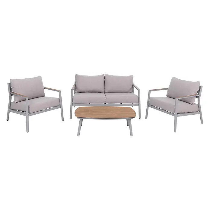 Mendler Loungemöbel-Set HWC-P79 - 4 -tlg., Metall, Creme-beige, Creme-beige - Eine Outdoor-Lounge-Gruppe mit zwei hellgrauen Sesseln, einem passenden Zweisitzer-Sofa und einem ovalen Couchtisch mit heller Holzoptikplatte und grauem Gestell.