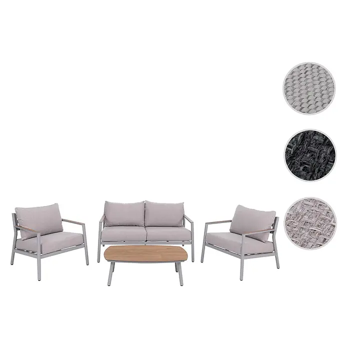 Mendler Loungemöbel-Set HWC-P79 - 4 -tlg., Metall, Creme-beige, Creme-beige - Sitzgruppe für den Außenbereich mit zwei Sesseln, einem Zweiersofa und einem Couchtisch. Mit hellgrauen Gestellen, hellbeigen Kissen und Holzarmlehnen.