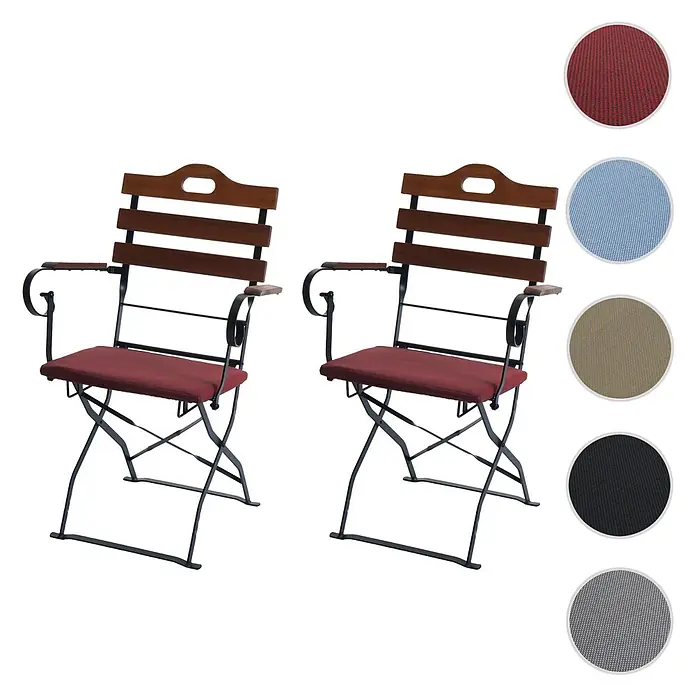 Mendler Gartenstuhl-Set HWC-J40 - 2 Stk., Holz, Braun, Polster rot, B x T x H: 58 x 45 x 105 cm - Zwei Klappstühle aus dunklem Holz mit schwarzem Metallrahmen und roten Kissen, Farbmuster für Kissenoptionen.