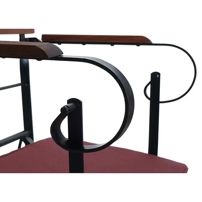Mendler Gartenstuhl-Set HWC-J40 - 2 Stk., Holz, Braun, Polster rot, B x T x H: 58 x 45 x 105 cm - Stuhllehne mit schwarzem Metallrahmen und dunkler Holzauflage über einem roten Sitz.