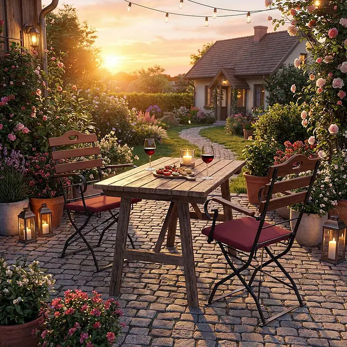 Mendler Gartenstuhl-Set HWC-J40 - 2 Stk., Holz, Braun, Polster rot, B x T x H: 58 x 45 x 105 cm - Rustikaler Holztisch für den Außenbereich mit zwei dunklen Metallstühlen und roten Kissen auf einer gepflasterten Terrasse bei Sonnenuntergang.