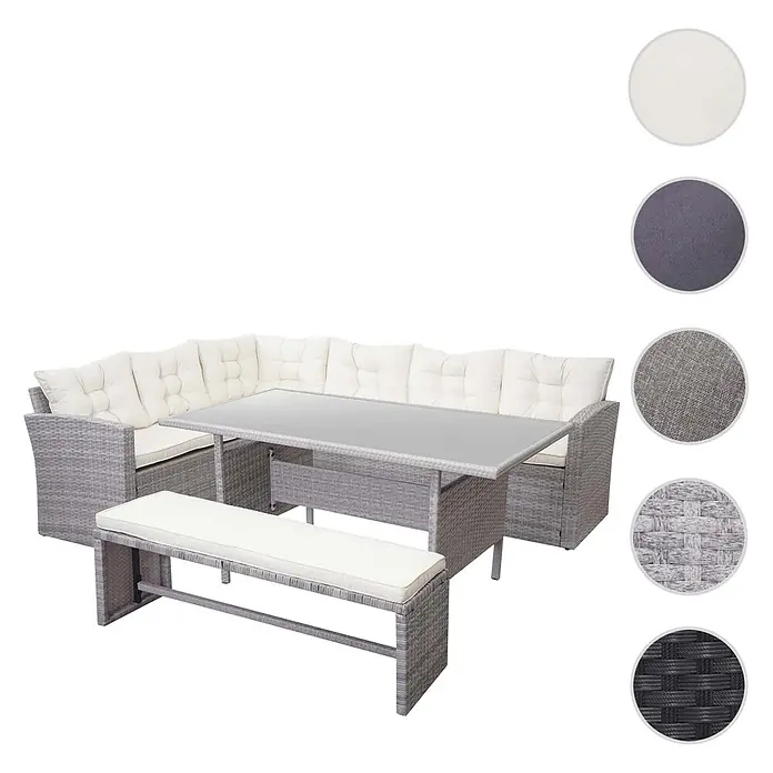 Mendler Loungemöbel-Set HWC-A29 - 4 -tlg., Polyrattan, Hellgrau, Kissen creme + Bank, Hellgrau - Graue Rattan-Eckloungegruppe mit weißen Kissen, passendem Tisch und Bank, für Ess- oder Loungebereiche im Freien.