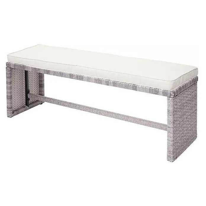 Mendler Loungemöbel-Set HWC-A29 - 4 -tlg., Polyrattan, Hellgrau, Kissen creme + Bank, Hellgrau - Graue Polyrattan-Gartenbank mit weißem Kissen.