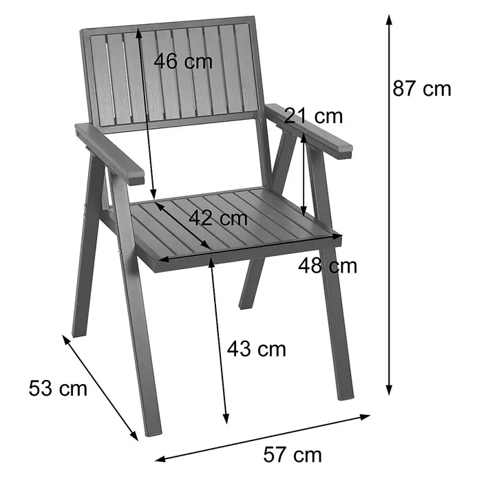 Mendler Gartenstuhl-Set HWC-J95 - 2 Stk., Metall, Grau, B x T x H: 57 x 53 x 87 cm - Grauer Gartenstuhl mit Lattenrost-Sitz und -Rückenlehne, mit Gesamt- und Detailmaßen.