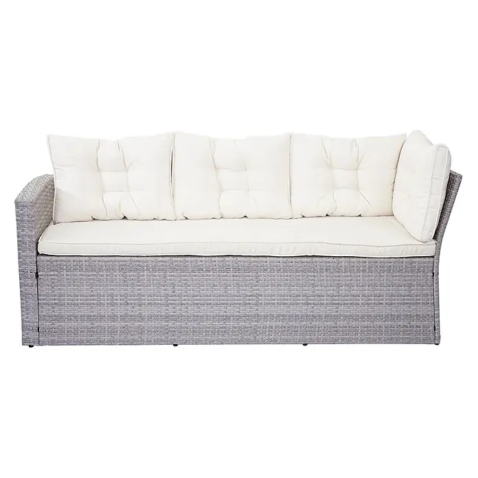Mendler Loungemöbel-Set HWC-A29 - 4 -tlg., Polyrattan, Hellgrau, Kissen creme + Bank, Hellgrau - Graues Polyrattan-Sofa mit cremefarbenen Polster-Sitz- und Rückenkissen.