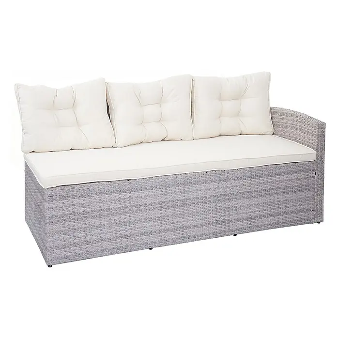 Mendler Loungemöbel-Set HWC-A29 - 4 -tlg., Polyrattan, Hellgrau, Kissen creme + Bank, Hellgrau - Graues Rattan-Ecksofa mit cremefarbenen Sitz- und Rückenkissen.