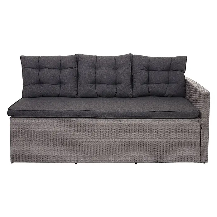 Mendler Loungemöbel-Set HWC-A29 - 5 -tlg., Polyrattan, Grau, Kissen grau + 2x Hocker, Grau - Graues Outdoor-Ecksofa in Rattan-Optik mit dunkelgrauen Sitz- und Rückenkissen.