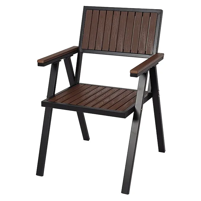 Mendler Gartenstuhl-Set HWC-J95 - 2 Stk., Metall, Dunkelbraun, B x T x H: 57 x 53 x 87 cm - Gartenstuhl mit schwarzem Metallrahmen und braunen Latten aus Sitz, Rückenlehne und Armlehnen.