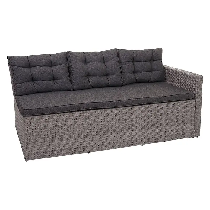 Mendler Loungemöbel-Set HWC-A29 - 5 -tlg., Polyrattan, Grau, Kissen grau + 2x Hocker, Grau - Graues Rattan-Look Outdoor-Sofa mit dunkelgrauen Kissen, darunter drei gesteppte Rückenkissen und eine rechte Armlehne.