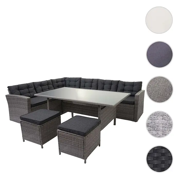Mendler Loungemöbel-Set HWC-A29 - 5 -tlg., Polyrattan, Grau, Kissen grau + 2x Hocker, Grau - Graue Rattan-Ecksofa-Garnitur mit Glastisch und zwei Hockern, alle mit dunkelgrauen Kissen. Strukturmuster sind abgebildet.