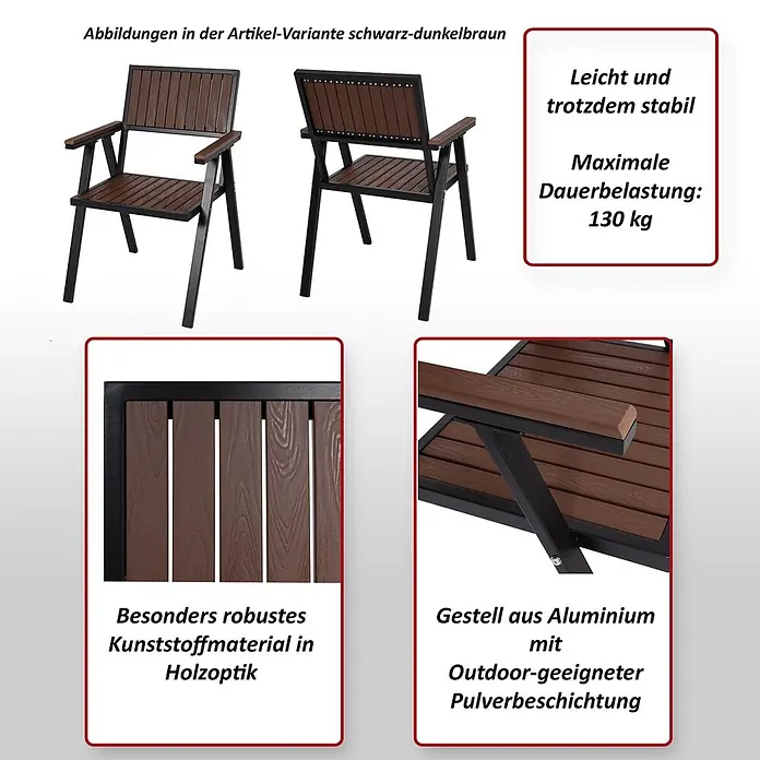 Mendler Gartenstuhl-Set HWC-J95 - 2 Stk., Metall, Dunkelbraun, B x T x H: 57 x 53 x 87 cm - Dunkelbrauner Stuhl in Holzoptik mit schwarzem Aluminiumgestell, stabil und bis 130 kg belastbar.