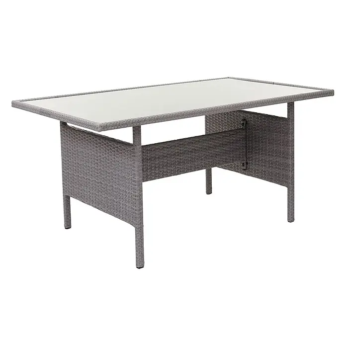 Mendler Loungemöbel-Set HWC-A29 - 5 -tlg., Polyrattan, Grau, Kissen grau + 2x Hocker, Grau - Rechteckiger grauer Rattan-Gartentisch mit Glasplatte.