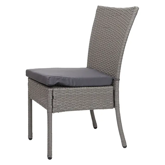 Mendler 2er-Set Poly-Rattan Stuhl HWC-G19 - grau, Kissen dunkelgrau -  - Grauer Rattan-Gartenstuhl mit dunkelgrauem Sitzkissen.