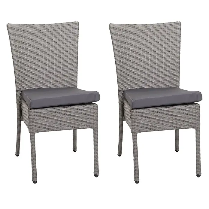 Mendler 2er-Set Poly-Rattan Stuhl HWC-G19 - grau, Kissen dunkelgrau -  - Zwei graue Rattan-Esszimmerstühle mit dunkelgrauen Sitzkissen.