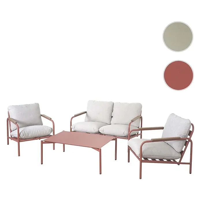 Mendler Alu-Gartengarnitur HWC-O11 2-Sitzer - terrakotta Polster beige -  - Gartenmöbelset mit zwei Sesseln, einem Zweiersofa und einem Couchtisch, alle mit terrakottafarbenen Gestellen und hellgrauen Kissen.