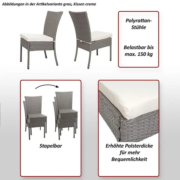 Mendler 2er-Set Poly-Rattan Stuhl HWC-G19 - grau, Kissen dunkelgrau -  - Zwei graue Polyrattan-Stühle mit cremefarbenen Kissen, gezeigt mit Stapelbarkeit, 150 kg Tragkraft und dicken Kissen für Komfort.
