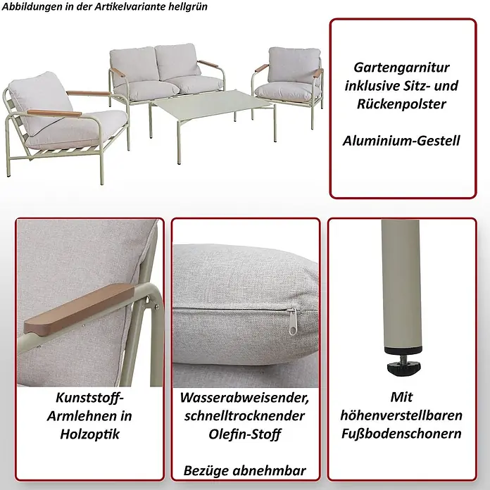Mendler Alu-Gartengarnitur HWC-O11 2-Sitzer - terrakotta Polster beige -  - Hellgrüne Aluminium-Gartengarnitur mit hellgrauen Olefin-Polstern, Armlehnen in Holzoptik und höhenverstellbaren Füßen.
