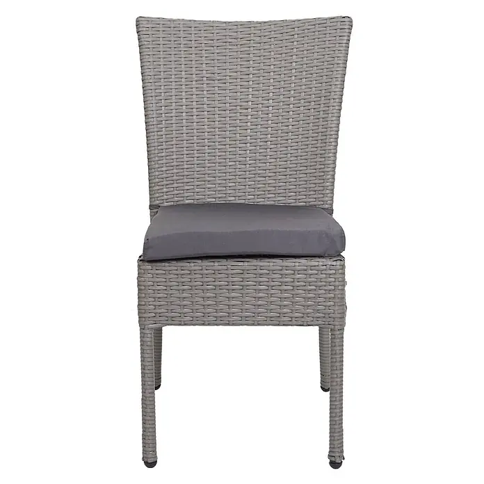Mendler 2er-Set Poly-Rattan Stuhl HWC-G19 - grau, Kissen dunkelgrau -  - Grauer Kunststoff-Rattanstuhl mit einem dunkelgrauen Kissen.
