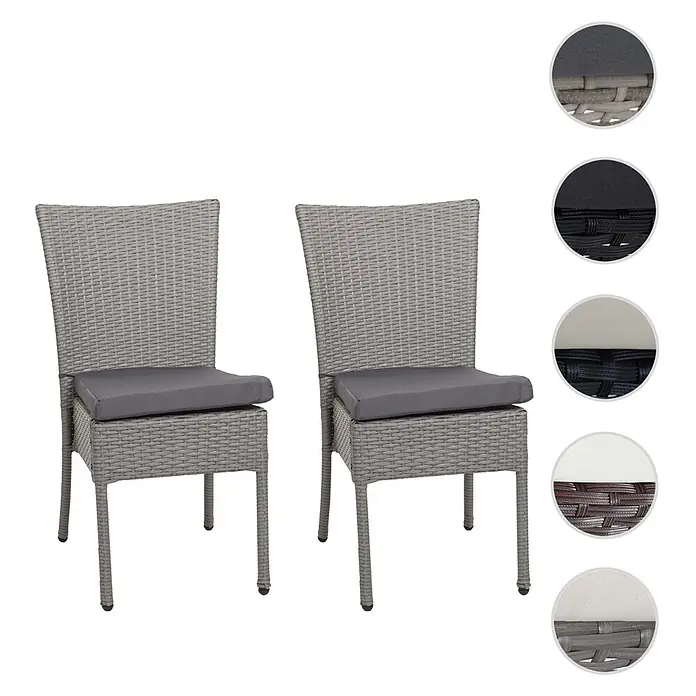 Mendler 2er-Set Poly-Rattan Stuhl HWC-G19 - grau, Kissen dunkelgrau -  - Zwei graue Polyrattan-Gartenstühle mit dunkelgrauen Sitzkissen.