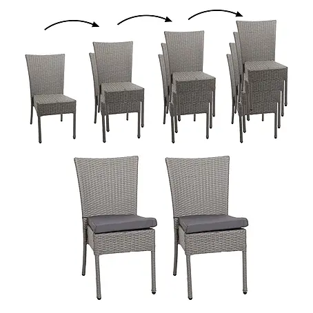 Mendler 2er-Set Poly-Rattan Stuhl HWC-G19 - grau, Kissen dunkelgrau