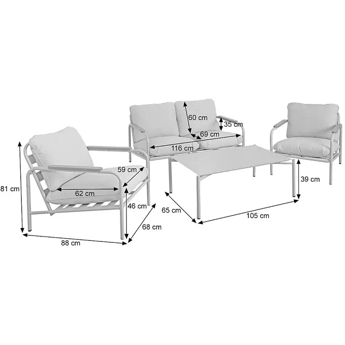 Mendler Alu-Gartengarnitur HWC-O11 2-Sitzer - terrakotta Polster beige -  - Outdoor-Sitzgruppe mit Zweisitzer-Sofa, zwei Sesseln und Couchtisch, detailliert bemaßt. Mit hellen Polstern.