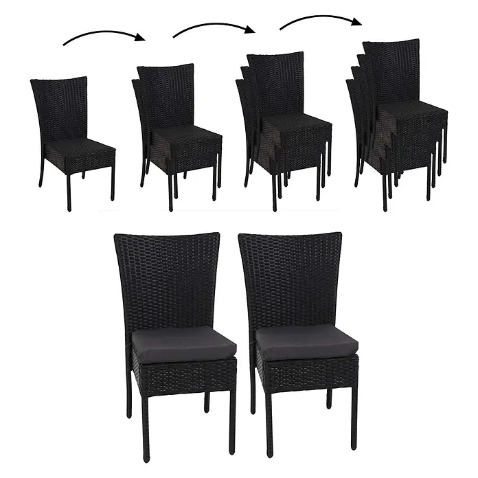 Mendler 2er-Set Poly-Rattan Stuhl HWC-G19 - schwarz, Kissen dunkelgrau -  - Schwarze stapelbare Korbstühle, einzeln und in Stapeln von zwei und drei gezeigt, plus zwei Stühle mit grauen Kissen.