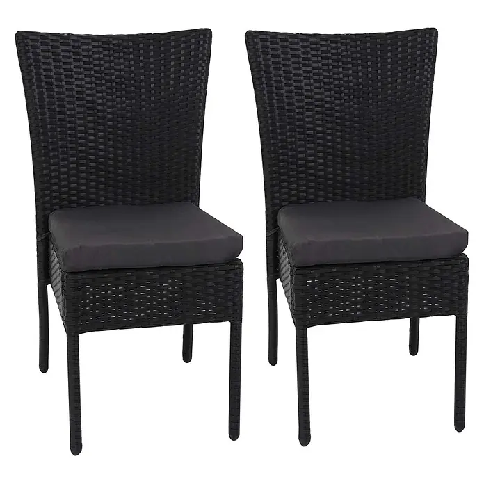 Mendler 2er-Set Poly-Rattan Stuhl HWC-G19 - schwarz, Kissen dunkelgrau -  - Zwei schwarze Rattan-Stühle mit dunkelgrauen Kissen.