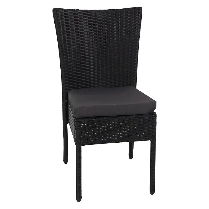 Mendler 2er-Set Poly-Rattan Stuhl HWC-G19 - schwarz, Kissen dunkelgrau -  - Schwarzer Rattan-Esszimmerstuhl mit dunkelgrauem Kissen.