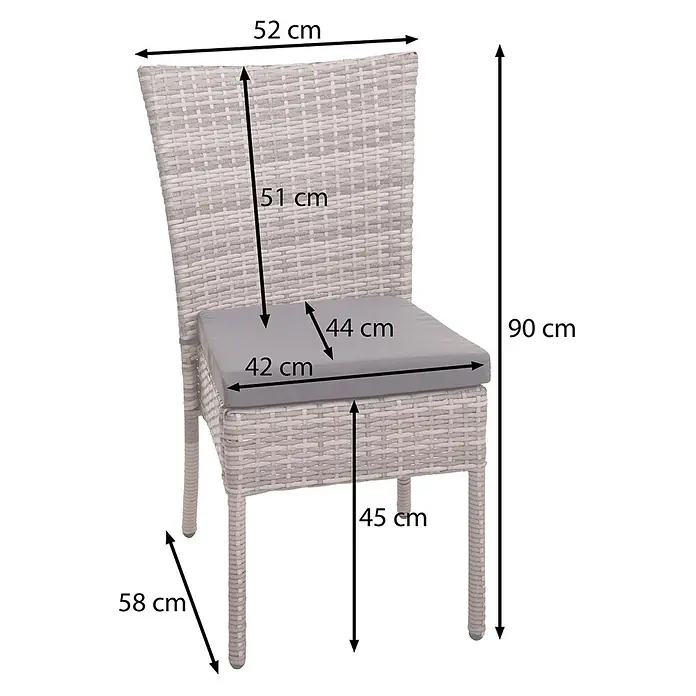 Mendler 2er-Set Poly-Rattan Stuhl HWC-G19 - schwarz, Kissen dunkelgrau -  - Hellgrauer Polyrattan-Stuhl mit grauem Kissen und Maßangaben für Höhe, Breite und Sitztiefe.